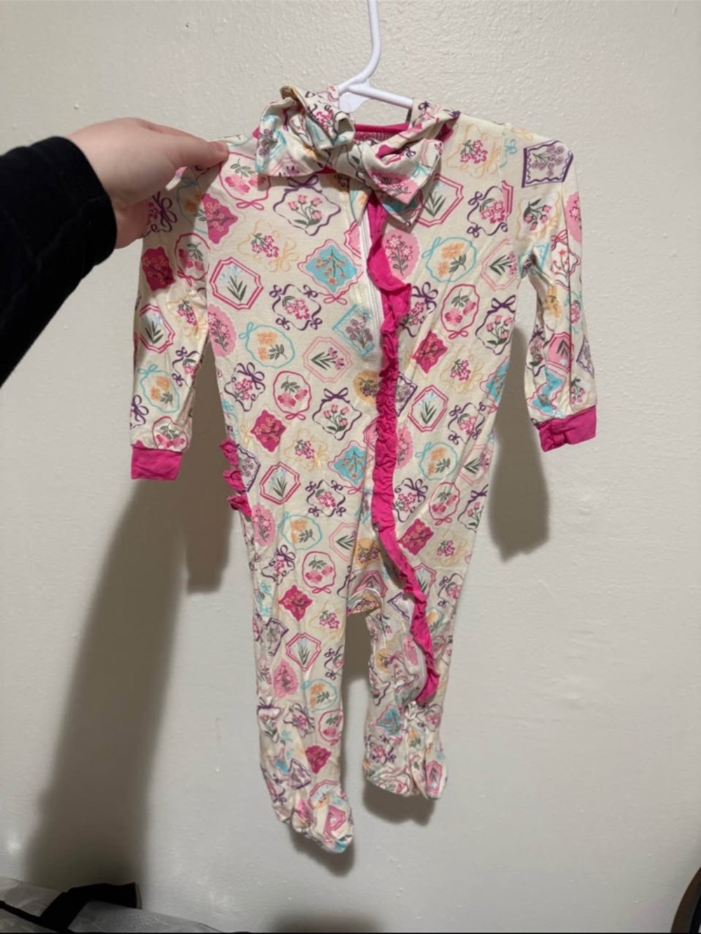 Girls Floral Ruffle Hooded Pajama One-Piece - Pink Trim